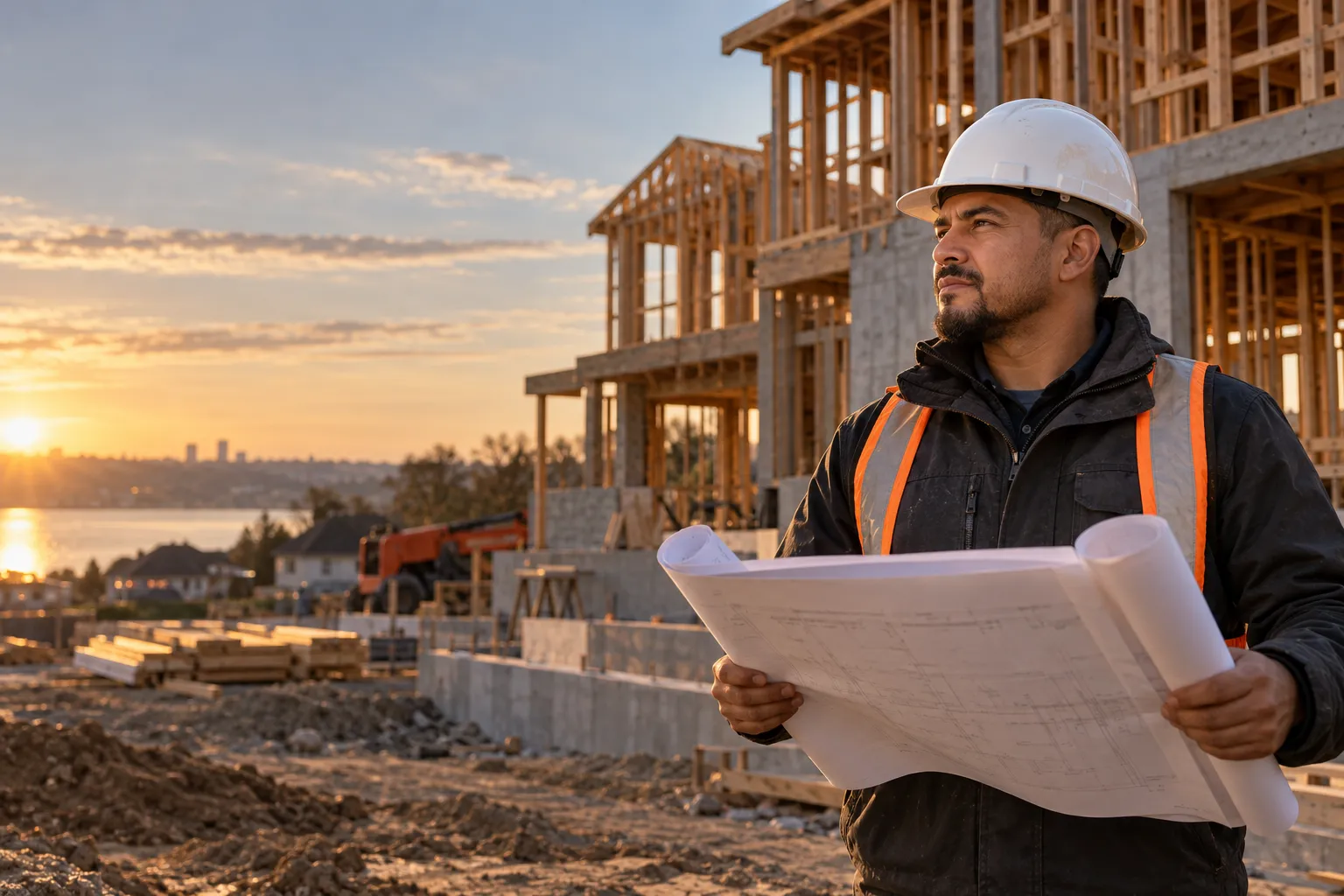 Contratista revisando planos frente a un proyecto de construcción